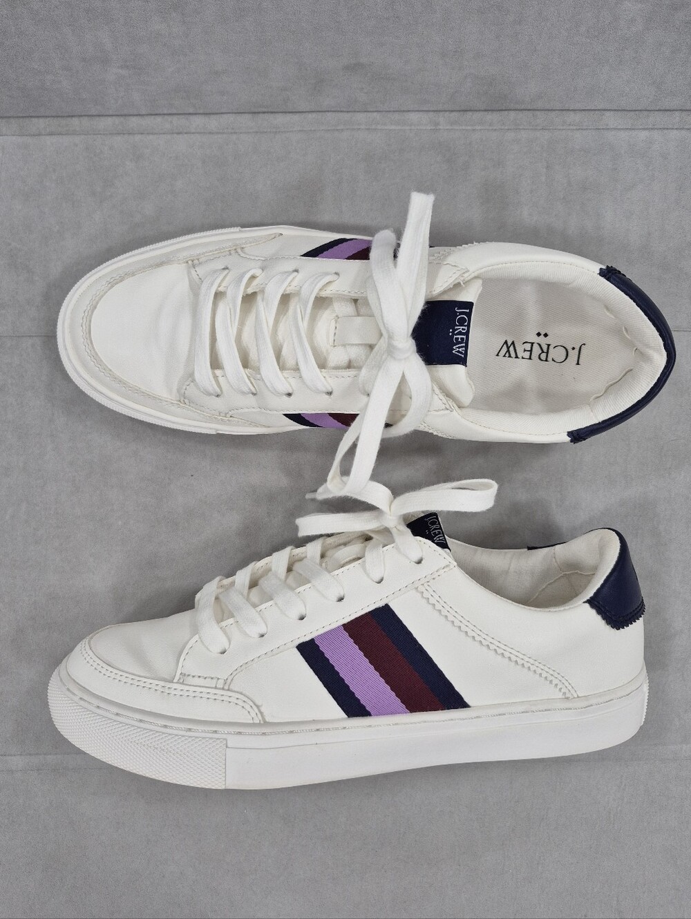 J Crew tennis shoes women's 8 white faux leather purple stripes preppy casual